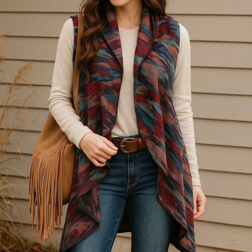 100% Cashmere Waterfall Drape Vest Multicolor Abstract‎ Print Western Heritage